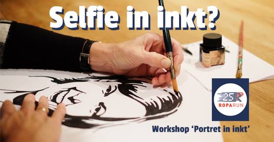 Hand die een portret tekent. Op zaterdag 9 januari 2016 geeft Annemiek Tijsseling de workshop "Portret in inkt" de opbrengst komt ten goede aan de Roparun.
